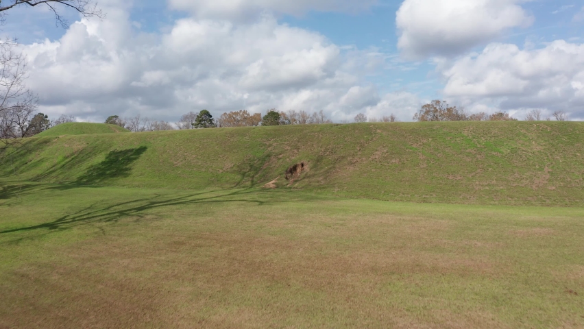 Rising close-up aerial shot of Emerald Mound, a Native American religious site, in Mississippi. 4K