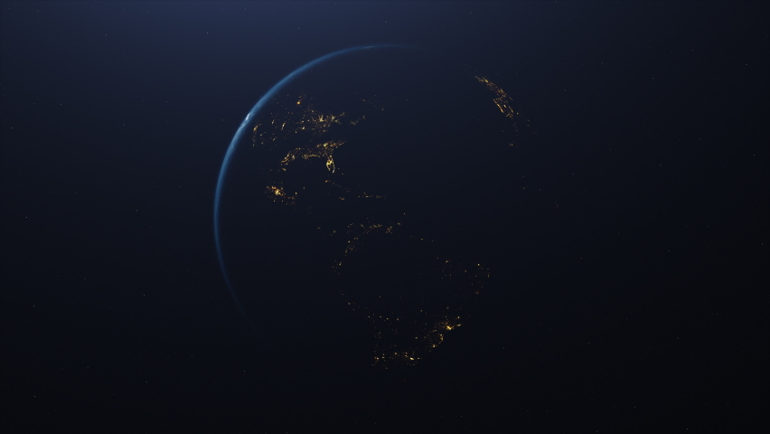 Transition from day to night. Zoom in on the planet earth with the camera lens. Cinematic Sunrise and city lights view from the space. Space travel and exploration concept