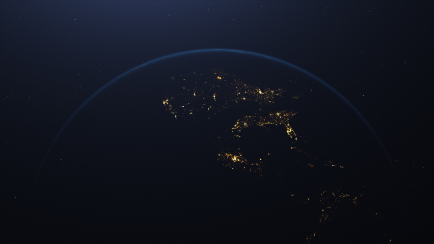 Dawn, the sun rises behind the planet earth. Sunrise over the globe. World top view from the space. Day to night transition, great for the news or climatic change concept. Spacescape background in 4k Royalty-Free Stock Footage #1092986221