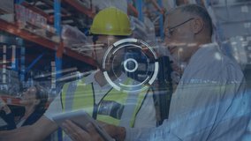 Animation of scope scanning and cityscape over caucasian workers in warehouse. Global business and digital interface concept digitally generated video. - Powered by Shutterstock - Get 15% off with code: PIKWIZARD15