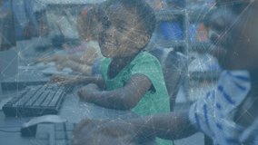 Animation of network of connections over diverse schoolchildren using computers. Global education and digital interface concept digitally generated video. - Powered by Shutterstock - Get 15% off with code: PIKWIZARD15