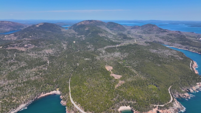 Acadia National Park aerial view including Cadillac Mountain, Hunters Beach Cove and Park Loop Road, Mt Desert Island, Maine ME, USA.  
