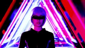 Metaverse concept, 4K video of young asian woman short color hair in black costume wearing vr glasses watching playing and touching on the motion graphic background like robot.