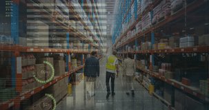 Animation of financial data processing over people working in warehouse. global shipping delivery and connections concept digitally generated video.