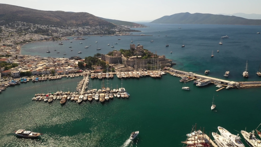 Bodrum is a city on the Bodrum Peninsula, stretching from Turkey's southwest coast into the Aegean Sea.	 Royalty-Free Stock Footage #1093008193