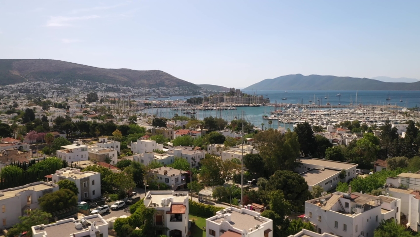 Bodrum is a city on the Bodrum Peninsula, stretching from Turkey's southwest coast into the Aegean Sea.	 Royalty-Free Stock Footage #1093008195