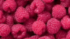 Berries. Fresh raspberry fruits as food background. Juicy raspberry rotation 360. Healthy eating, Vegan food, diet. Close Up Rotation Loopable Raspberry. 4K UHD video