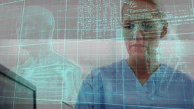 Animation of digital programming data and grid pattern over caucasian doctor analyzing medical x-ray. Hologram, digital composite, multiple exposure, coding, technology and healthcare concept. - Powered by Shutterstock - Get 15% off with code: PIKWIZARD15