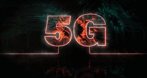 Animation of glowing orange 5g text over blue processor socket. Global science, connections, data processing and digital interface concept digitally generated video.