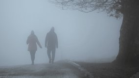 Young couple taking a walk on the empty foggy forest road in autumn - Powered by Shutterstock - Get 15% off with code: PIKWIZARD15