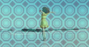 Animation of shapes over african american woman dancing at beach. Holidays and digital interface concept digitally generated video.