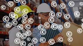 Animation of euro symbols blinking over diverse female and male warehouse workers. Online shopping, finance, business and delivery services concept digitally generated video. - Powered by Shutterstock - Get 15% off with code: PIKWIZARD15
