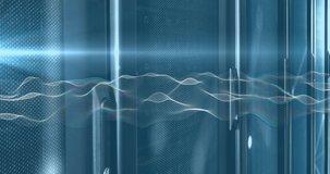 Animation of waves and lights over servers. Global network, data processing, digital communication and technology concept digitally generated video.
