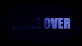 Digital animation of game over text zooming in on the screen with black background