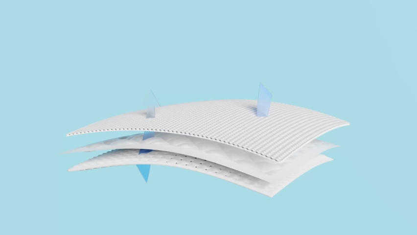 3d absorbent layer and arrow ventilate shows with synthetic fiber hair, water splash for diapers, sanitary napkin, baby diaper adult concept, 3d animation Royalty-Free Stock Footage #1093022927