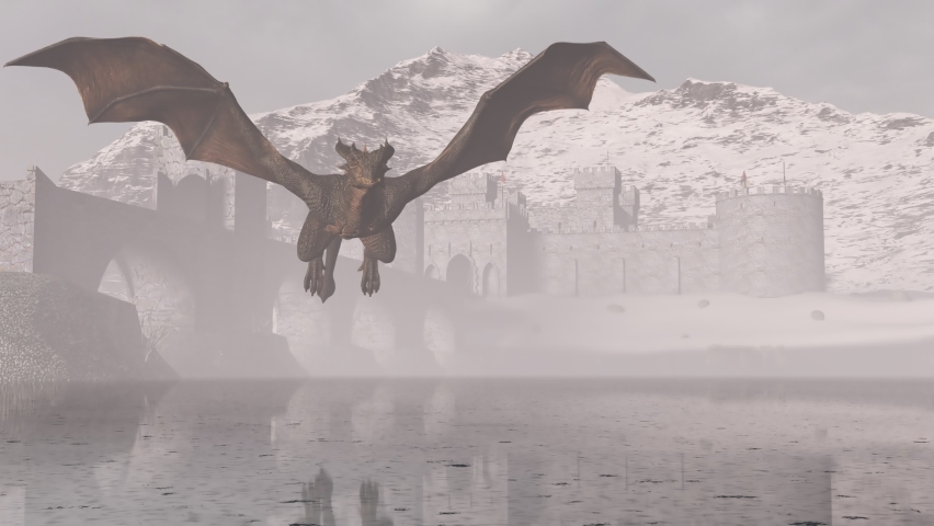 Medieval knight fights a fire-breathing dragon in the background of snowy mountains on a reflective surface of a frozen lake.