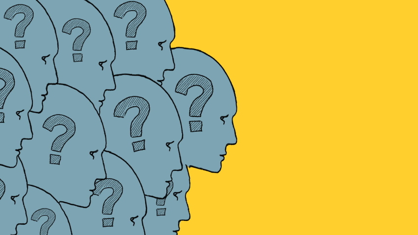 Human faces with question marks inside. Illustration on yellow background. FAQ.