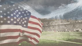 Composite video of golden confetti falling over waving american flag against sports stadium. american sports tournament concept
