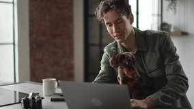 4k Young businessman is working with laptop and sitting at table with dog in home office spbd. Portrait of handsome man uses device and looks with smile, has time with purebred pet and sits at desk in - Powered by Shutterstock - Get 15% off with code: PIKWIZARD15