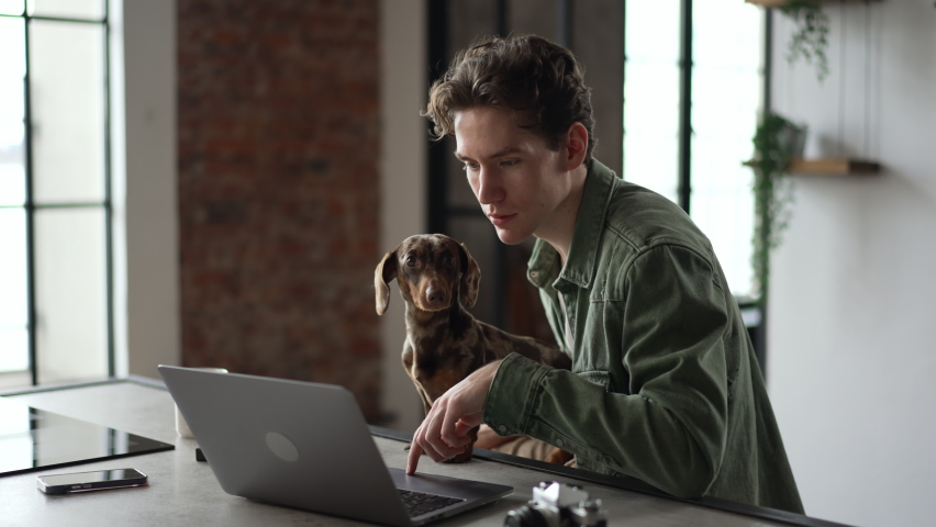 Young man is working with laptop and sitting at table with dog in home room spbd. 4k Close view of caucasian handsome guy looks at display and does online work, sits at desk with cute pet in interior Royalty-Free Stock Footage #1093033737