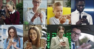Close up. Diverse people using smartphones. Man and woman at office texting on cellphone. Kid outdoor looking at smartphone playing video game. Businesswoman typing on mobile phone. Collage montage
