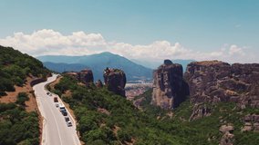 picturesque aerial view of Meteora and the town of Kalambaka in Greece. High quality 4k footage