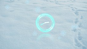 Animation of circular scanner with clock hands and snowflakes over snow covered land with footprints. Winter season, time, climate and digital interface concept digitally generated video. - Powered by Shutterstock - Get 15% off with code: PIKWIZARD15