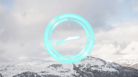 Animation of circular scanner with clock hands and snowflakes over snow covered mountain peaks. Winter season, time, climate and digital interface concept digitally generated video. - Powered by Shutterstock - Get 15% off with code: PIKWIZARD15