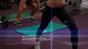 Animation of statistics and data processing over fit caucasian man and woman exercising with weights. Sports, exercise, fitness and data processing concept digitally generated video.