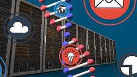 Animation of social media icons and dna strand spinning over servers. Global research, science, social media, computing and data processing concept digitally generated video. - Powered by Shutterstock - Get 15% off with code: PIKWIZARD15