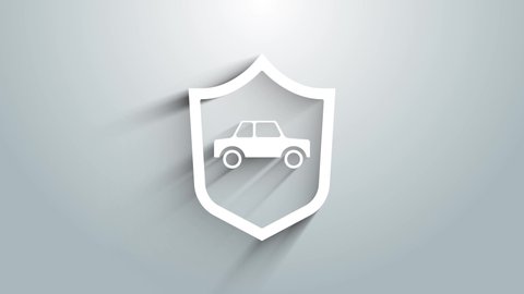 White Car with shield icon isolated on grey background. Insurance concept. Security, safety, protection, protect concept. 4K Video motion graphic animation.