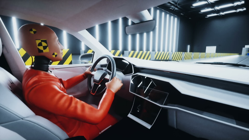 Generic 3d car crash test with crashtest dummy. Car destruction. Realistic animation. 3D Illustration | Shutterstock HD Video #1093044315