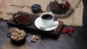 Coffe, chocolate and brown sugar. Close-up 4k video shooting