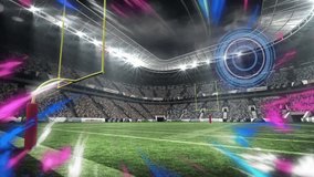 Animation of circular scanner and coloured lights over american football sports stadium pitch pitch. Global communication, sport, competition and digital interface concept digitally generated video. - Powered by Shutterstock - Get 15% off with code: PIKWIZARD15