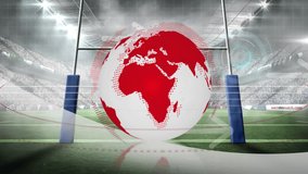 Animation of globe, scanner and communication network with arrows over rugby stadium pitch. Global communication, sport, competition and digital interface concept digitally generated video.