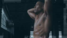 Animation of interference and you win text over african american male athlete training. Fitness, sport, health and digital interface concept digitally generated video.