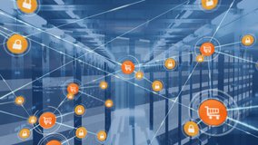 Animation of network of shopping cart and padlock icons and data processing over server room. Global communication, business, data security and digital interface concept digitally generated video. - Powered by Shutterstock - Get 15% off with code: PIKWIZARD15