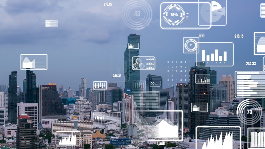 Business data analytic interface fly over smart city showing alteration future of business intelligence. Computer software and artificial intelligence are used to analyze big data for strategic plan . | Shutterstock HD Video #1093052877