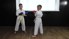 Two athlete boys are training paired exercises with punches and kicks with overlays on their hands