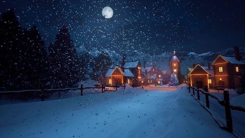 Beautifully decorated winter village on Christmas Eve with winter mountains, moon and heavy snow in the background. Christmas screen server. Arkivvideo