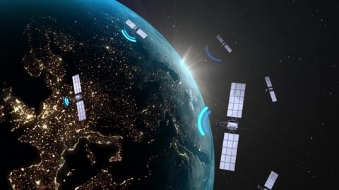 Many satellites orbit the planet in Earth orbits and transmit signals to the European continent. Receives, transmits and relays signals. Global Digital Positioning Network (GPS). Stockvideo