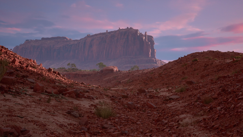 Brachiosaurus, sauropod walks down through the Canyon in the desert. Dinosaur. 3D rendering. High quality 4k footage. 3D Illustration