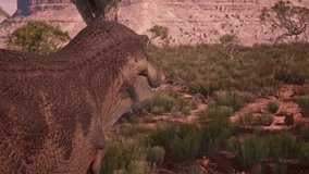Tyrannosaurus walks through the Canyon in the desert. Dinosaur. T-rex on the hunt. 3d rendering. High quality 4k footage. 3D Illustration - Powered by Shutterstock - Get 15% off with code: PIKWIZARD15
