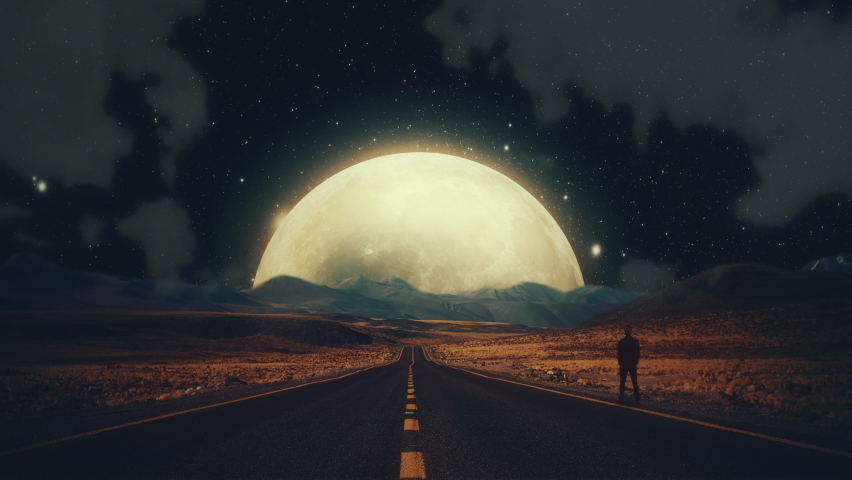 Moonlight Road Man Alone Starry Space Background. Man standing on the side of a road under moonlight behind mountains. Zoom in