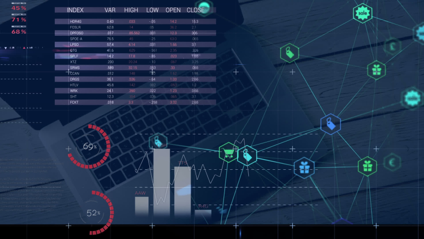 Animation of hud interface with applications icon, graphs, charts and data over laptop on table. Digital composite, hologram, infographic, futuristic and technology concept. | Shutterstock HD Video #1093064629