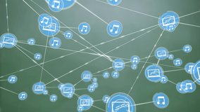 Animated 3d illustration of laptop and music note icons moving and connecting by digital lines. Digital composite, technology, global, communication, futuristic, networking, sharing, music. - Powered by Shutterstock - Get 15% off with code: PIKWIZARD15