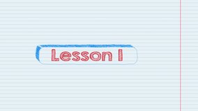 Pack Lesson 1 white chalk text appearing on chalkboard or school blackboard. Lessons from one to ten. First lesson-last lesson. Intro for online teaching