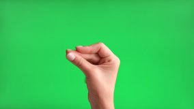 Gestures pack. Female Hand with Beige Manicure Snapping Fingers Sign Symbol. Chroma key Green Screen Background. Pack of Gestures Movements on Keyed. Body Language. 4K Footage Pack. Close Up.