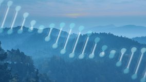 Dna structure spinning against view of landscape with mountains and sunset sky. medical research and science technology concept - Powered by Shutterstock - Get 15% off with code: PIKWIZARD15