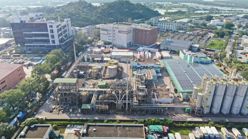 Aerial view over Hong Kong petroleum factory, Yuen Long Industrial Estate | Shutterstock HD Video #1093071723